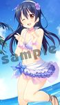  absurdres bangs bikini bikini_skirt blue_hair blue_ribbon bracelet earrings floating_hair flower frilled_bikini frills gradient hair_between_eyes hair_flower hair_ornament hibiscus highres jewelry long_hair love_live! love_live!_school_idol_project minase_shuu natsuiro_egao_de_1_2_jump! necklace ocean one_eye_closed ribbon sample solo sonoda_umi swimsuit yellow_eyes 