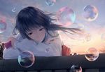  bag bangs blouse blue_eyes blue_hair blue_sky bubble bubble_pipe closed_mouth cloud cloudy_sky crossed_arms eyebrows_visible_through_hair floating_hair holding leaning_on_object long_hair long_sleeves looking_at_viewer original outdoors school_bag shoulder_bag sky solo sousou_(sousouworks) sunset upper_body white_blouse 