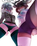  2017 anthro antlers black_topwear blue_bottomwear blue_legwear blush breasts brown_body camel_toe canine clothed clothing dialogue digital_media_(artwork) dog duo english_text female fishnet fully_clothed grey_body grey_hair hair half-closed_eyes hi_res horn jackalope lagomorph legwear looking_at_another looking_at_viewer looking_down low-angle_view mammal midriff multicolored_body open_mouth orange_eyes panties pink_body poodle purple_bottomwear purple_eyes shaded shorts simple_background skimpy smile soft_shading spread_legs spreading standing sweatshirt text thigh_highs underwear white_background white_legwear worm&#039;s-eye_view zero-sum 