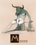  anthro barely_visible_genitalia bovine column facial_piercing feet fur greek greek_mythology grey_fur hi_res horn humanoid_feet male mammal minotaur mythology nathanandersonart nose_piercing nose_ring nude penis piercing simple_background sitting solo textured_background 