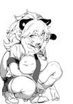  absurdres animal_ears breast_pocket breasts eyebrows_visible_through_hair fingernails full_body greyscale hair_between_eyes highres hiranko kemono_friends large_breasts lion_(kemono_friends) lion_ears lion_tail long_hair looking_at_viewer monochrome open_mouth pleated_skirt pocket shoes short_sleeves simple_background skindentation skirt slit_pupils solo squatting tail thighhighs white_background 