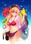  air_bubble alternate_costume bangs bare_arms bare_shoulders bikini black_hat blonde_hair blue_background blue_innertube blush breasts bubble cleavage commentary_request cowboy_shot crescent eyebrows_visible_through_hair flower gradient gradient_background hair_between_eyes hat hibiscus highres innertube junko_(touhou) large_breasts leaf long_hair looking_to_the_side multicolored multicolored_eyes red_bikini red_eyes red_flower sarong solo stomach swimsuit touhou usuusu very_long_hair wavy_hair white_background yellow_eyes yellow_flower 