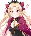  1girl black_dress blonde_hair blush bow breasts cape closed_mouth crown dress ereshkigal_(fate/grand_order) eyebrows_visible_through_hair fate/grand_order fate_(series) hair_bow ica jewelry long_hair looking_at_viewer medium_breasts necklace purple_cape red_eyes simple_background solo spine surprised twintails twitter_username upper_body white_background wide-eyed 
