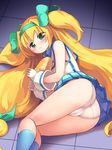  1girl ass bare_shoulders blazblue blazblue:_continuum_shift blonde_hair blush bow cameltoe emurin eyebrows_visible_through_hair eyes_visible_through_hair female gloves green_bow green_hairband hairband heart heart-shaped_pupils long_hair looking_at_viewer lying on_side panties platinum_the_trinity pleated_skirt skirt solo symbol-shaped_pupils tile_floor tiles two_side_up white_gloves 