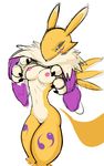  2017 4_fingers anthro black_sclera blue_eyes breasts canine digimon digital_media_(artwork) female filthypally fur mammal navel nipples nude pose presenting presenting_breasts pussy renamon simple_background solo standing white_background yellow_fur 