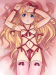  1girl blonde_hair blue_eyes breasts cameltoe castlevania castlevania:_rondo_of_blood female hair_bow long_hair lying maria_renard naked_ribbon navel nipples on_back parted_lips solo stupa13a thighhighs 