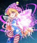  american_flag_dress american_flag_legwear bangs bare_arms blonde_hair breasts closed_mouth clownpiece commentary_request fairy_wings fire gradient gradient_background hat highres holding jester_cap kuronohana licking_lips long_hair looking_at_viewer medium_breasts neck_ruff pantyhose pink_eyes polka_dot short_sleeves solo star star_print starry_background striped striped_legwear tongue tongue_out torch touhou transparent_wings v very_long_hair wings 