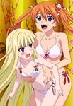  :d absurdres animedia bangs bikini blonde_hair blue_eyes blunt_bangs blush breasts cleavage collarbone evangeline_a_k_mcdowell fang flower_knot heterochromia highres kagurazaka_asuna long_hair looking_at_another looking_at_viewer magazine_scan mahou_sensei_negima! medium_breasts multiple_girls navel official_art open_mouth orange_hair purple_eyes scan small_breasts smile swimsuit tassel twintails upper_teeth uq_holder! v-shaped_eyebrows very_long_hair yamaguchi_anna 