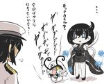  2girls admiral_(kantai_collection) black_hair chibi comic commentary_request crying crying_with_eyes_open detached_sleeves dress elbow_gloves entombed_air_defense_guardian_hime epaulettes gloves goma_(gomasamune) hair_between_eyes hand_on_hip hat highres hood hood_up horn japanese_clothes kantai_collection military military_hat military_uniform multiple_girls night_strait_hime_(black) nontraditional_miko obi one_eye_covered open_mouth outstretched_arms peaked_cap sash shinkaisei-kan short_hair skirt tears translated uniform white_hair wide_sleeves yellow_eyes 
