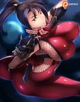  1girl armlet ass bodysuit breasts brown_eyes brown_hair curvy erect_nipples female gloves haganef huge_ass large_breasts long_hair looking_at_viewer looking_back namco ninja nipples patreon short_sword skin_tight solo soul_calibur spandex sword taki_(soulcalibur) thick_thighs weapon 