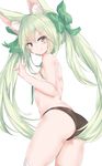  :q absurdres animal_ear_fluff animal_ears art556_(girls_frontline) ass bangs black_panties blush bow breasts brown_eyes closed_mouth commentary convenient_arm eyebrows_visible_through_hair fox_ears fox_shadow_puppet girls_frontline green_bow green_hair hair_between_eyes hair_bow head_tilt highres long_hair looking_at_viewer looking_to_the_side panties ru_zhai shoulder_blades small_breasts smile solo thighhighs tongue tongue_out topless twintails underwear underwear_only very_long_hair white_legwear 