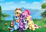  2017 absurd_res alcor90 applejack_(mlp) blonde_hair blue_eyes blush cowboy_hat cutie_mark detailed_background earth_pony equine eyes_closed feathered_wings feathers female flower fluttershy_(mlp) friendship_is_magic grass green_eyes grin group hair hat hi_res horn horse looking_at_viewer mammal mountain multicolored_hair my_little_pony one_eye_closed outside pegasus pink_hair pinkie_pie_(mlp) plant pony purple_eyes rainbow_dash_(mlp) rainbow_hair rarity_(mlp) smile tree twilight_sparkle_(mlp) unicorn wing_hug winged_unicorn wings 