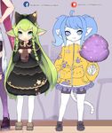  2girl alternate_hair_color alternate_hairstyle beancurd black_dress blue_hair bow braid chocolate_milk coat cotton_candy dress drink fluffy_ears green_hair league_of_legends long_hair lulu_(league_of_legends) magical_girl multiple_girls pointy_ears poppy shorts star_guardian_lulu star_guardian_poppy tail twintails yordle 