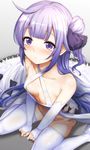  areola_slip areolae azur_lane bare_shoulders between_legs black_bow blurry bow breasts bridal_gauntlets criss-cross_halter depth_of_field downblouse dress dress_bow elbow_gloves fingerless_gloves from_above gloves halterneck hand_between_legs highres ipuu_(el-ane_koubou) long_hair navel one_side_up panties parted_lips purple_eyes purple_hair side-tie_panties side_bun side_cutout sitting small_breasts solo thighhighs underwear unicorn_(azur_lane) v_arms very_long_hair wariza white_dress white_gloves white_legwear white_panties 
