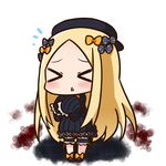  &gt;_&lt; abigail_williams_(fate/grand_order) black_bow black_dress black_footwear black_hat blonde_hair blush bow chibi closed_eyes dress facing_viewer fate/grand_order fate_(series) flying_sweatdrops full_body hair_bow hana_kazari hat leg_garter long_hair long_sleeves orange_bow parted_lips shoes sleeves_past_wrists solo standing triangle_mouth very_long_hair white_background 