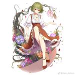  artist_name bare_legs bracelet breasts cleavage closed_mouth flower full_body green_hair high-waist_skirt holding holding_umbrella jewelry kazami_yuuka looking_at_viewer medium_breasts necklace orange_flower petals pink_flower plaid plaid_skirt plant purple_flower red_eyes red_footwear red_skirt sam_ashton shoes short_hair simple_background skirt smile solo touhou umbrella vines watermark weibo_logo weibo_username white_background 