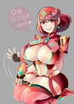  1girl blush breasts english homura_(xenoblade_2) invitation large_breasts looking_at_viewer red_hair short_hair shorts solo text thick_thighs thighhighs thighs xenoblade xenoblade_2 xiceowl 