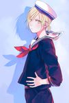  blonde_hair green_eyes hand_on_hip hat male_focus megane_(artist) ponytail sailor sailor_hat yuri!!!_on_ice yuri_plisetsky 