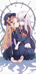  abigail_williams_(fate/grand_order) bags_under_eyes bangs barefoot black_bow black_dress black_hat blonde_hair blue_eyes bow bug butterfly closed_mouth commentary_request dress eyebrows_visible_through_hair fate/grand_order fate_(series) hair_between_eyes hair_bow hat highres horn hug insect key long_hair long_sleeves looking_at_viewer looking_back multiple_girls object_hug one_eye_closed orange_bow pale_skin pantie_painting parted_bangs pink_eyes polka_dot polka_dot_bow sleeves_past_wrists smile soles stuffed_animal stuffed_toy teddy_bear very_long_hair wavy_mouth white_background white_hair 