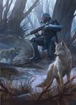  2015 amber_eyes armor brown_fur canine eriopsis feral fur gun helmet holding_object human jin-roh kneeling mammal outside ranged_weapon snow tree weapon wolf 