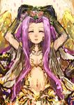  38legio bad_id bad_pixiv_id blush bustier claws cleavage_cutout commentary_request cosplay fate/grand_order fate_(series) flower flower_wreath gorgon_(fate) gorgon_(fate)_(cosplay) hair_flower hair_ornament head_wreath long_hair looking_at_viewer medusa_(lancer)_(fate) monster_girl navel open_mouth pelvic_curtain purple_hair rider scales smile solo very_long_hair wings 