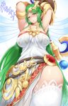  1girl barefoot blush breasts choker dress goddess green_eyes green_hair highres jewelry kid_icarus large_breasts long_hair looking_at_viewer matching_hair/eyes mizuyan necklace nintendo palutena shield solo staff super_smash_bros. thighhighs tiara white_legwear 