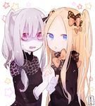  :o abigail_williams_(fate/grand_order) absurdres alternate_hairstyle bags_under_eyes bangs black_bow black_dress blonde_hair blue_eyes blush bow brown_bow dress eyebrows_visible_through_hair fate/grand_order fate_(series) hair_between_eyes hair_bow highres holding_hands interlocked_fingers lavinia_whateley_(fate/grand_order) long_sleeves looking_at_viewer looking_to_the_side multiple_girls orange_bow parted_bangs parted_lips pink_eyes polka_dot polka_dot_bow shaded_face signature silver_hair sofra star starry_background two_side_up white_background 
