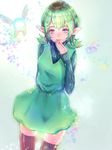  blue_eyes fairy green_hair green_skirt highres looking_at_viewer pointy_ears red_hod ribbed_sweater saria short_hair skirt smile solo standing sweater the_legend_of_zelda the_legend_of_zelda:_ocarina_of_time thighhighs 