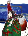  ashiya_douman_(fate/grand_order) bell black_hair blood christmas_lights curly_hair fate/grand_order fate_(series) hat long_hair looking_at_viewer male_focus ornament pako parted_lips sack santa_hat solo 