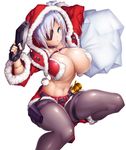  1girl aina_winchester arms_up blue_eyes boots breasts christmas cleavage curvy grin happy hoodie huge_breasts lilith-soft looking_at_viewer navel no_bra pantyhose potion_(moudamepo) santa_hat shiny_skin short_hair silver_hair simple_background sitting skirt smile solo taimanin_(series) taimanin_asagi_battle_arena weapon white_background 