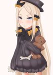  abigail_williams_(fate/grand_order) bad_anatomy bad_proportions bangs black_bow black_dress black_hat blue_eyes blush bow bug butterfly closed_mouth commentary dress fate/grand_order fate_(series) hair_bow hat insect light_brown_hair long_hair long_sleeves looking_at_viewer object_hug orange_bow parted_bangs polka_dot polka_dot_bow sam_(metalibon) sleeves_past_wrists solo stuffed_animal stuffed_toy teddy_bear very_long_hair 