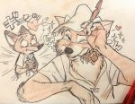  &lt;3 2019 anthro arrow_through_heart canine clothed clothing colored_pencil_(artwork) disney duo flower fox fur hat looking_at_viewer male mammal nick_wilde one_eye_closed orange_fur plant robin_hood robin_hood_(disney) rose shirt simple_background smile traditional_media_(artwork) uochandayo wink zootopia 