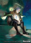  boots braid cape circlet copyright_name fairy_wings force_of_will gem gill_(force_of_will) jewelry long_hair male_focus necklace night night_sky official_art red_eyes sitting sky solo sparkle white_hair wings 
