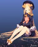  abigail_williams_(fate/grand_order) bangs bare_legs black_bow black_dress black_hat blonde_hair blue_eyes bow dress fate/grand_order fate_(series) hair_bow hat jam8686 long_hair long_sleeves looking_at_viewer mary_janes orange_bow shoes sleeves_past_fingers sleeves_past_wrists solo stuffed_animal stuffed_toy teddy_bear twitter_username very_long_hair 