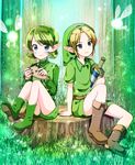  1girl belt blonde_hair blue_eyes brown_footwear fairy forest grass green_footwear green_hair green_hairband green_hat hairband hat highres instrument link moromoimaru nature navi ocarina outdoors pointy_ears ribbed_sweater saria short_hair sitting sitting_on_tree_stump smile sweater sword the_legend_of_zelda the_legend_of_zelda:_ocarina_of_time tree_stump tunic weapon wooden_sword 