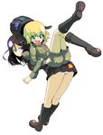  ass back-to-back bangs black_footwear black_hat black_skirt black_vest blonde_hair blue_eyes boots closed_mouth commentary_request emblem eyebrows_visible_through_hair fang full_body girls_und_panzer green_jacket green_jumpsuit hat helmet highres jacket katyusha leaning_forward lifting_person locked_arms long_hair long_sleeves looking_at_viewer looking_back military military_uniform miniskirt multiple_girls nonna open_mouth pleated_skirt pravda_military_uniform short_hair short_jumpsuit simple_background skirt smile standing sw uniform vest white_background 