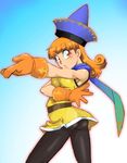  90s alena_(dq4) ass cape commentary_request curly_hair dragon_quest dragon_quest_iv earrings gloves hat jewelry long_hair onnaski orange_hair pantyhose skirt solo yellow_skirt 