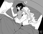  2girls artist_name bed commentary dated diana_cavendish greyscale hug hug_from_behind kagari_atsuko little_witch_academia long_hair monochrome multiple_girls pillow pillow_hug sleeping spooning ticcy under_covers yuri zzz 