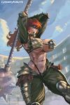  abs armor bikini_armor breasts cleavage cutesexyrobutts green_eyes highres large_breasts long_hair mace midriff navel open_mouth red_hair shouting solo spiked_mace thick_thighs thighs weapon 
