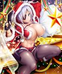  1girl aina_winchester arms_up blue_eyes boots breasts christmas cleavage curvy grin happy hoodie huge_breasts lilith-soft looking_at_viewer navel no_bra pantyhose potion_(moudamepo) santa_hat shiny_skin short_hair silver_hair sitting skirt smile solo taimanin_(series) taimanin_asagi_battle_arena weapon 