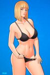  bangs bikini blonde_hair blue_eyes blunt_bangs bob_cut breasts chromatic-gus cleavage commentary commission english_commentary highres large_breasts naruto naruto_(series) naruto_shippuuden navel samui_(naruto) short_hair solo swimsuit 