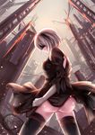  ass back_cutout bad_anatomy black_blindfold black_dress black_hairband blindfold chiroyo covered_eyes dress feather-trimmed_sleeves from_behind gloves hairband juliet_sleeves leotard long_sleeves nier_(series) nier_automata puffy_sleeves solo thighhighs white_gloves white_leotard yorha_no._2_type_b 