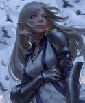  arm_belt armor armored_dress bird blurry blurry_background breasts closed_mouth depth_of_field gauntlets guweiz highres long_hair looking_away looking_to_the_side medium_breasts original pointy_ears shoulder_armor silver_hair solo spaulders standing upper_body 