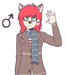  ambiguous_gender anthro canine clothed clothing green_eyes hair jacket mammal marblesoda red_hair rikki scarf simple_background solo wolf 