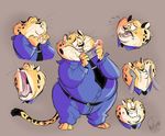  2016 absurd_res anthro benjamin_clawhauser cellphone cheetah clothed clothing digital_drawing_(artwork) digital_media_(artwork) disney doughnut duo eyes_closed feline food fur hi_res male mammal open_mouth overweight phone sharpdressedreptile simple_background smile solo_focus spots spotted_fur teeth uniform worried yawn zootopia 