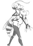  antennae bee_girl blush breasts closed_mouth extra_arms facial_mark feet_out_of_frame forehead_mark greyscale head_tilt highres insect_girl large_breasts leaning_forward legs_apart looking_at_viewer monochrome monster_girl navel nipples nude original perky_breasts short_hair simple_background smile solo solopipb standing stinger white_background wings 