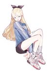  alternate_costume artist_name assam between_legs black_ribbon blonde_hair blue_eyes blush girls_und_panzer hair_between_eyes hair_ribbon hand_between_legs long_hair looking_away open_mouth ribbon shoes sketch sneakers socks umiu_(hoge) v_arms white_background 