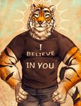  5_fingers anthro black_stripes clothed clothing cute english_text eyes_closed feline fully_clothed fur hand_on_hip happy jeans male mammal motivational_poster orange_fur pants pink_nose pose shirt simple_background smile solo standing stripes tasanko text tiger whiskers white_fur 