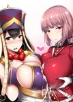  asymmetrical_docking beads bikini bikini_top breast_press breasts cleavage commentary_request cum earrings fate/grand_order fate_(series) florence_nightingale_(fate/grand_order) futoshi gloves hair_between_eyes hat heart hoop_earrings jewelry large_breasts long_hair looking_at_viewer multiple_girls necklace paizuri pink_eyes pink_hair prayer_beads purple_bikini swimsuit symmetrical_docking xuanzang_(fate/grand_order) 