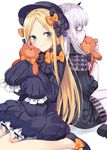  abigail_williams_(fate/grand_order) back-to-back bags_under_eyes bangs black_bow black_dress black_footwear black_hat blonde_hair bloomers blue_eyes blush bow bug butterfly closed_mouth commentary_request dress eyebrows_visible_through_hair fate/grand_order fate_(series) hair_bow hat head_tilt horn insect lavinia_whateley_(fate/grand_order) long_hair long_sleeves looking_at_another looking_at_viewer looking_back multiple_girls object_hug orange_bow pale_skin parted_bangs pink_eyes polka_dot polka_dot_bow shoes sidelocks simple_background sitting sleeves_past_fingers sleeves_past_wrists smile stuffed_animal stuffed_toy takehana_note teddy_bear underwear very_long_hair wariza white_background white_bloomers 